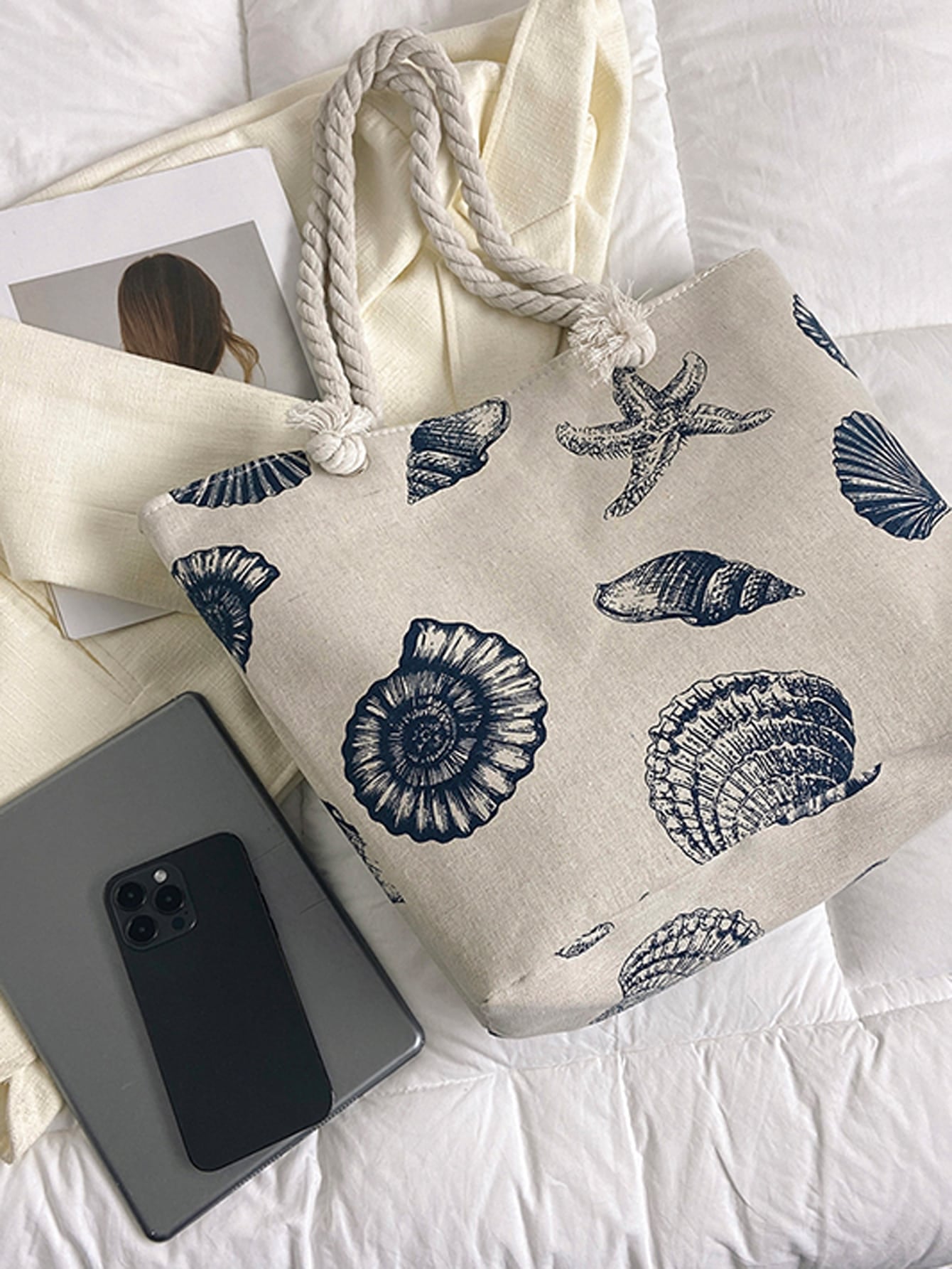 Fashionable Large Capacity Tote Bag with Shell & Starfish Pattern,School Bag,Large Capacity,Portable,For Teen Girls Women College Students,White-Collar Workers,Perfect for Work,Back to School,Middle School,High School,College,Vacation