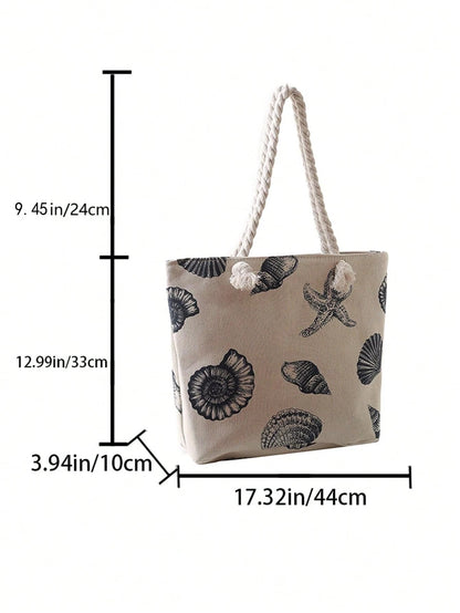 Fashionable Large Capacity Tote Bag with Shell & Starfish Pattern,School Bag,Large Capacity,Portable,For Teen Girls Women College Students,White-Collar Workers,Perfect for Work,Back to School,Middle School,High School,College,Vacation