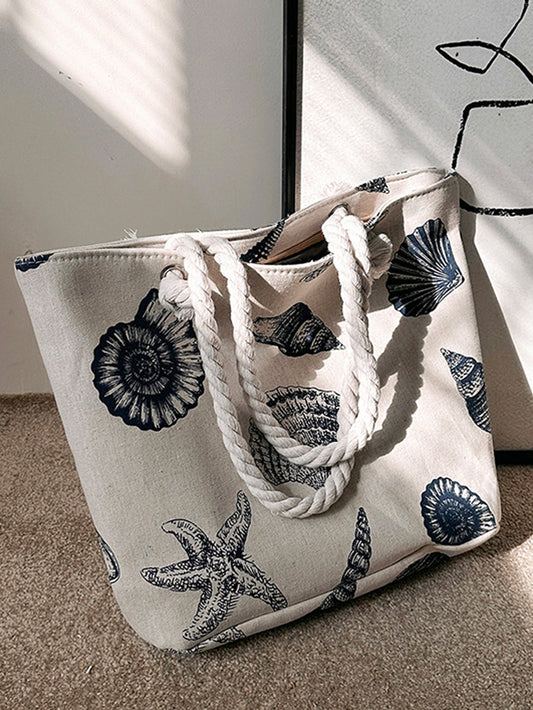 Fashionable Large Capacity Tote Bag with Shell & Starfish Pattern,School Bag,Large Capacity,Portable,For Teen Girls Women College Students,White-Collar Workers,Perfect for Work,Back to School,Middle School,High School,College,Vacation